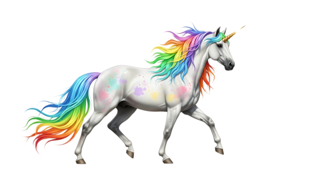Majestic white unicorn with rainbow mane and tail isolated on transparent background