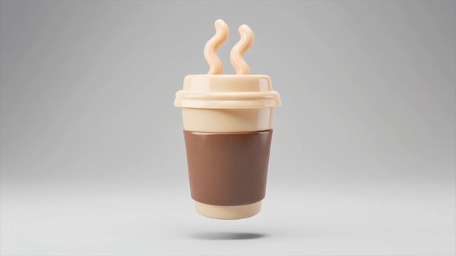 3D rendered illustration of a stylized hot coffee cup with steam rising, floating against a plain grey background.