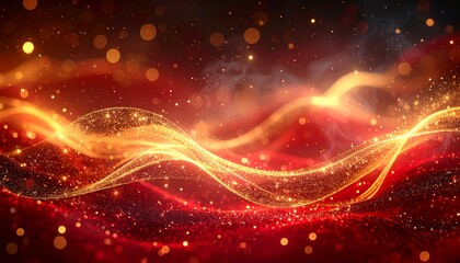 Abstract cosmic waves and particles in fiery shades of red and gold, a mesmerizing backdrop