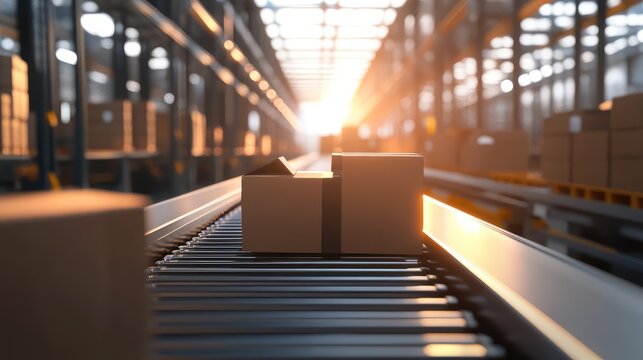 Cardboard boxes moving on automated warehouse conveyor belt