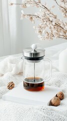 A glass French press filled with dark coffee sits on a white book, surrounded by walnuts and a textured blanket, with decorative branches overhead.