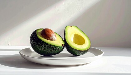 A vibrant green avocado is halved and placed on a white plate, showcasing its creamy texture and large central pit, bathed in soft light.
