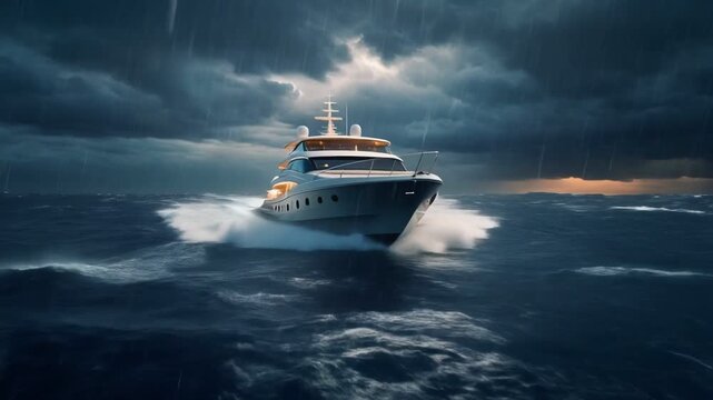 Luxury yacht navigates rough seas under stormy skies