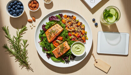 Healthy salmon and quinoa meal with fresh greens, berries, nuts, and water.