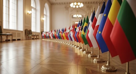 Row of national flags from different countries international cooperation and diplomacy symbol of global unity