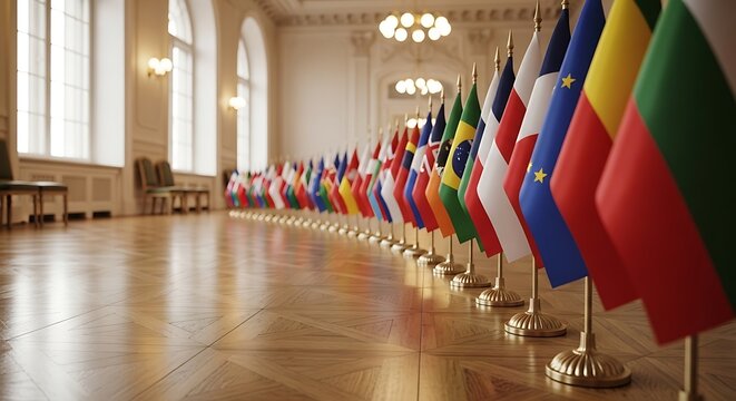 Row of national flags from different countries international cooperation and diplomacy symbol of global unity