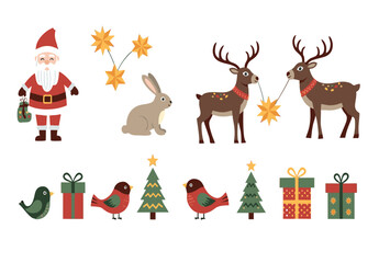 Fototapeta premium Christmas Holiday Vector Set with Festive Illustrations: Santa, Reindeer, Bunny, Birds, Gifts, and Trees. Perfect for Seasonal Design.