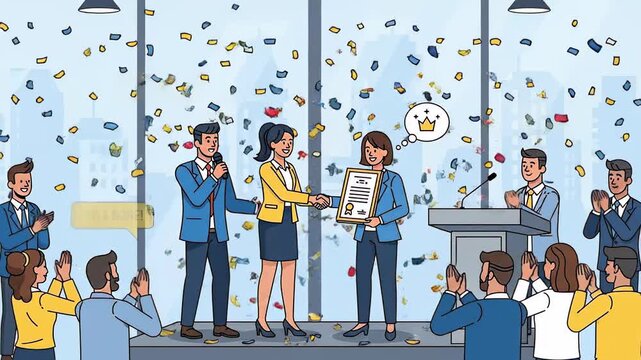 Business Promotion Ceremony with Confetti and Applause.