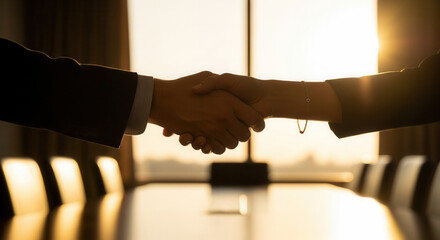 Diverse business professionals sealing a successful deal with a handshake in a modern conference room bathed in warm sunset light.