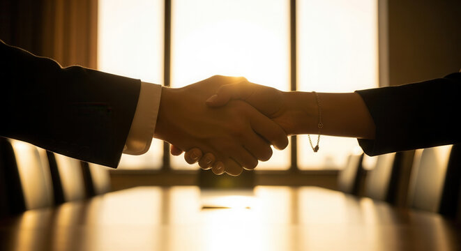 Successful business partners sealing a deal with a firm handshake, bathed in warm golden light signifying achievement and trust in a modern meeting room.