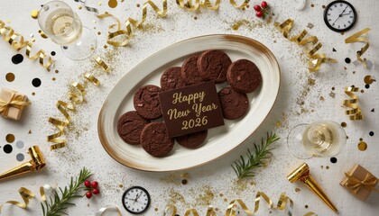 Festive new year 2026 celebration setup with cookies, champagne, and decor