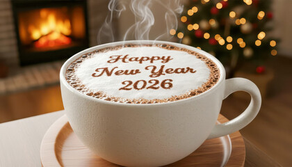 Happy new year 2026 coffee latte art with cozy fireplace and festive tree