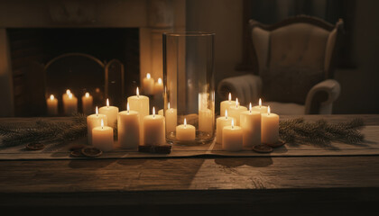 Cozy candlelit scene with festive holiday decor on a rustic wooden table.
