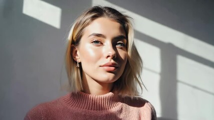 A portrait of a serene woman with natural beauty, bathed in sunlight. Her soft features and subtle expression convey a sense of calm and confidence.