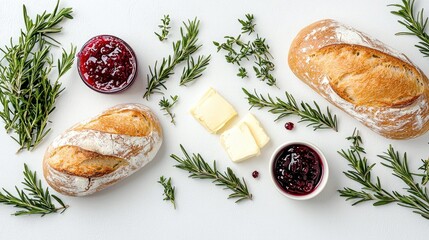 A rustic breakfast spread featuring two loaves of crusty bread, butter slices, two small bowls of jam, and fresh rosemary sprigs arranged on a white background.
