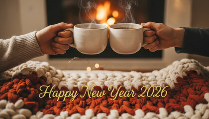 Couple toasting warm drinks by fire, celebrating cozy new year 2026 moment