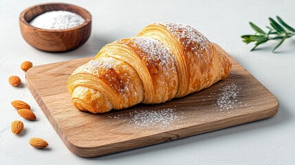 A golden-brown croissant, sprinkled with powdered sugar, sits on a wooden cutting board alongside almonds and a small wooden bowl of sugar.
