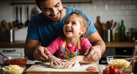 Happy father and daughter making pizza together in the kitchen enjoying family time creating a fun and delicious meal