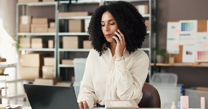 Woman, phone call and laptop at dropshipping with talk, checklist and inventory management with contact. People, smartphone and small business owner with pc, logistics or box for ecommerce at startup