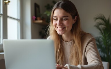 Smiling caucasian woman working on laptop and looking happy. Freelancer using computer, networking at home. High quality