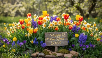 Vibrant spring flowers with 'happy new year 2026' sign in a sunny garden