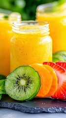 A vibrant yellow smoothie in glass jars is presented with fresh slices of kiwi, orange, and strawberry, garnished with mint leaves.