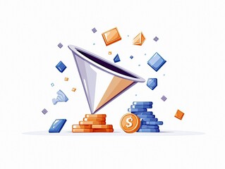 A funnel is pouring golden coins onto a stack of coins, with blue and orange geometric shapes and a trophy scattered around.