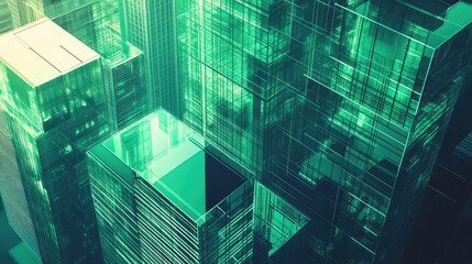 Green glowing futuristic cityscape with transparent glass architecture