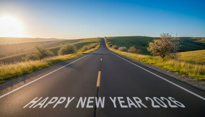 Happy new year 2026 on long open road stretching to horizon during sunset