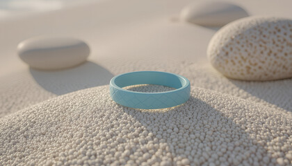 Blue awareness silicone bracelet on ivory board in clean realism with serene morning light and copy space