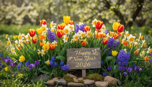 Vibrant spring flowers with 'happy new year 2026' sign in a sunny garden