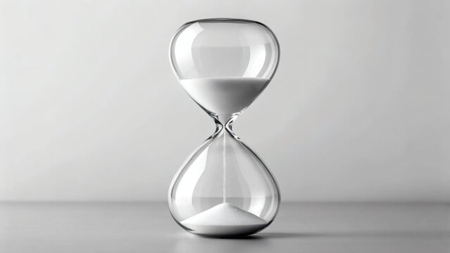 Crystal hourglass with fine white sand illustrates the precious nature of time slipping away for deadlines, goals, and timeless design concepts