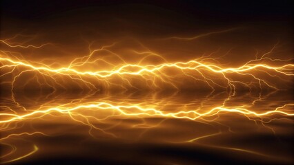 Dramatic golden lightning strikes reflecting on water create a striking abstract background for power, energy, and technological innovation concepts