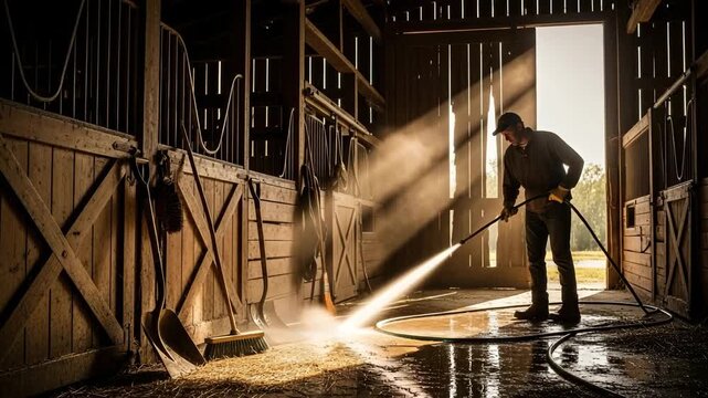 Farmer cleaning horse stable with high pressure water jet, sunlight shining through