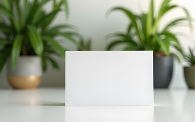 Mock up: white business card on the desktop. Around is a calm modern interior, green house plants. Concept of an eco-friendly workplace, home office. Mockup for business: ecology, realtor, designer, e