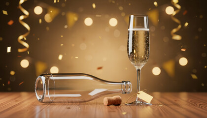 Champagne glass, empty bottle, cork on wood, surrounded by celebration.