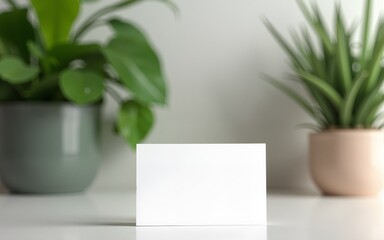 Mock up: white business card on the desktop. Around is a calm modern interior, green house plants. Concept of an eco-friendly workplace, home office. Mockup for business: ecology, realtor, designer, e