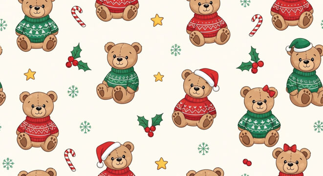 Cute Christmas Teddy Bear Seamless Pattern with Holiday Sweaters and Festive Elements