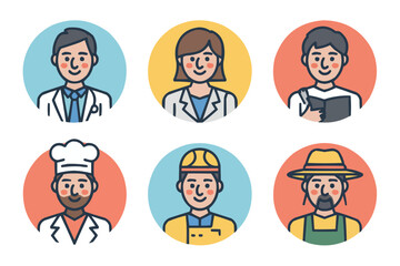 Diverse group of professionals representing various occupations: doctor, chef, farmer, student, engineer, nurse, showcasing career opportunities, originally vector