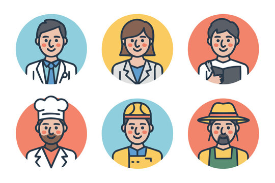 Diverse group of professionals representing various occupations: doctor, chef, farmer, student, engineer, nurse, showcasing career opportunities, originally vector