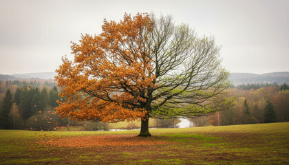 Tree showing autumn and spring leaves together, symbolizing seasonal change