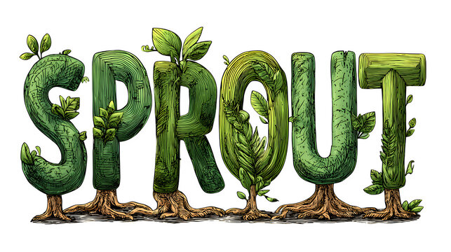 A doodle typography illustration of the word "SPROUT", with letters that are growing from the ground, with roots and fresh green leaves, isolated on a Transparent Background