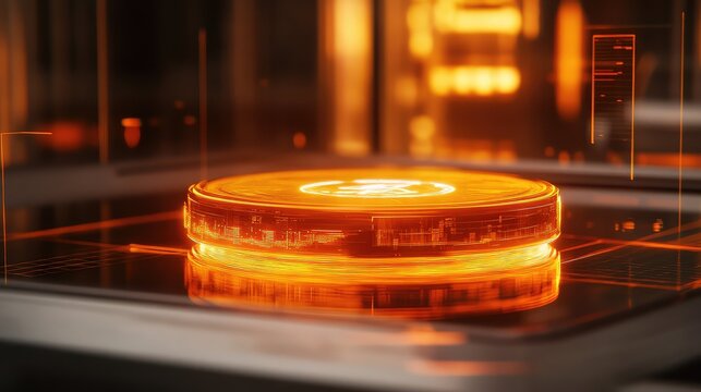 Glowing orange digital holographic disc displaying technology