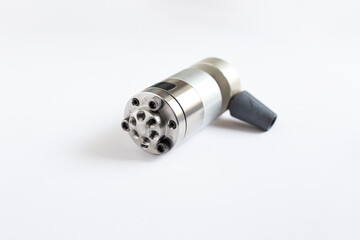 a manual 6-port injection valve used in High-Performance Liquid Chromatography (HPLC) systems. This stainless steel scientific instrument component for chemistry, pharmaceutical, research concepts.