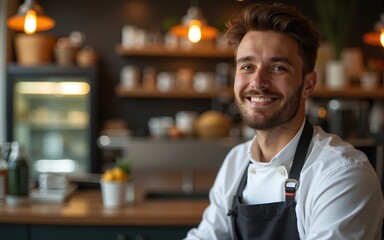 Handsome man working in the cafe. High quality