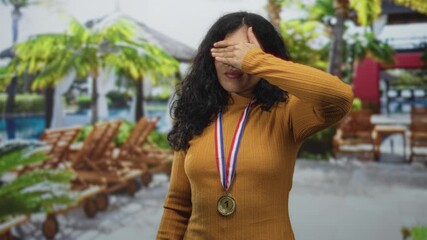 Woman brunette wearing gold medal and mustard sweater covering eyes in hotel building poolside; modest pride.