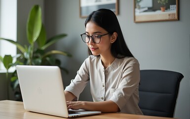 Indian Asian gen z young adult busy lady staff woman sitting desk on chair indoor job office use laptop focused Hindu cute female girl worker do work study task typing online email look webcam screen