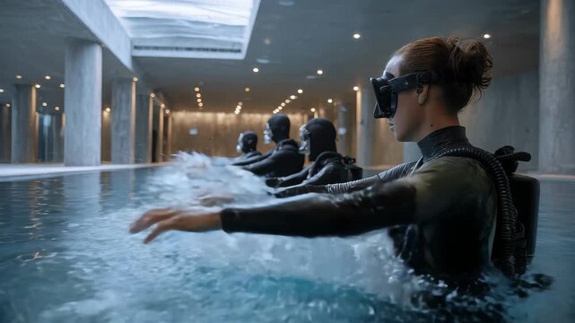 Freedivers training in a sleek pool in Bangkok focusing on skills development and technique enhancement during an intensive practice session