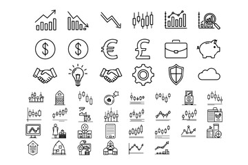 silhouettes pack 15 black Minimalist stock market line icons set. thin linear with pure white background