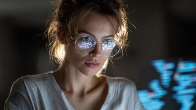 Woman coding data analysis with holographic display in contemporary workspace focused on programming and technology - Powered by Adobe